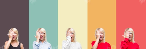 Preview: Collage Of Beautiful Blonde Woman Over Vintage Isolated Background Covering One Eye With Hand With