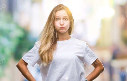 Preview: Young Beautiful Blonde Woman Wearing Casual White T-Shirt Over Isolated Background Puffing Cheeks