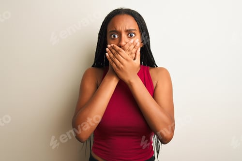 Preview: African American Woman Wearing Red Casual T-Shirt Standing Over Isolated White Background Shocked