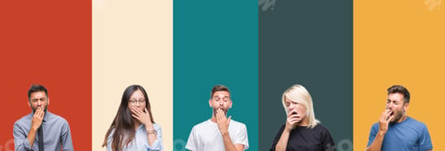Preview: Collage Of Different Ethnics Young People Over Colorful Stripes Isolated Background Bored Yawning