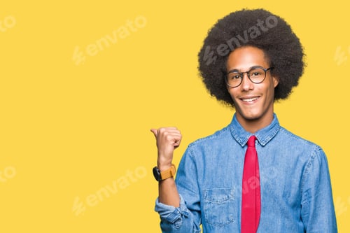 Preview: Young African American Business Man With Afro Hair Wearing Glasses And Red Tie Smiling With Happy