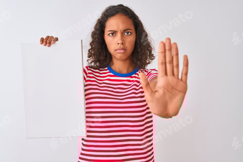 Preview: Young Brazilian Woman Holding Banner Standing Over Isolated White Background With Open Hand Doing
