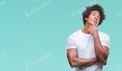 Preview: Afro American Man Over Isolated Background With Hand On Chin Thinking About Question, Pensive