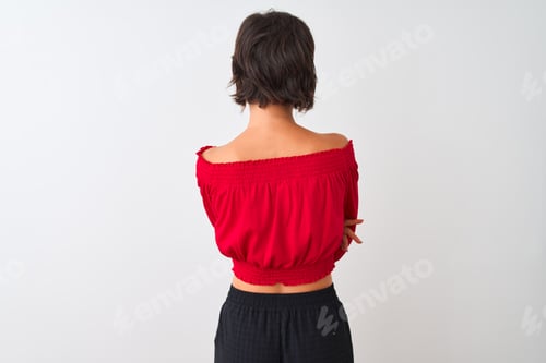 Preview: Young Beautiful Woman Wearing Red Summer T-Shirt Standing Over Isolated White Background Standing