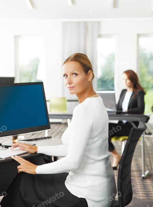 Preview: Portrait Of Successful Sales Woman Sitting At Office In Front Of Computer And Looking At Camera