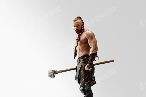 Preview: Serious Long Hair And Muscular Male Model In Leather Viking'S Costume With The Big Mace Cosplaying