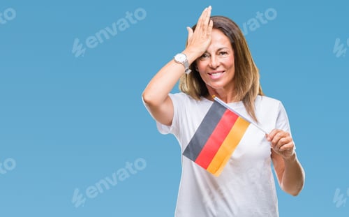 Preview: Middle Age Hispanic Woman Holding Flag Of Germany Over Isolated Background Stressed With Hand On