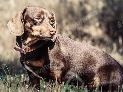 Preview: Little Dachshund Purebreed Long Bodied Short Legged Small Dog Playing Outside On Grass During
