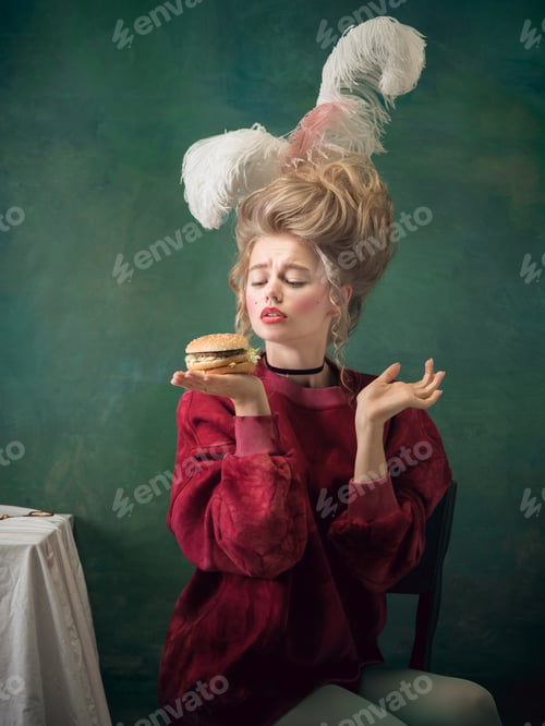 Preview: Young Woman As Marie Antoinette Isolated On Dark Green Background. Retro Style, Comparison Of Eras