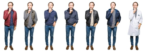 Preview: Collage Of Handsome Middle Age Man Wearing Different Looks Over White Isolated Background Asking To