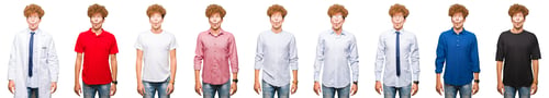 Preview: Collage Of Young Man Wearing Different Looks Over Isolated White Background Making Fish Face With