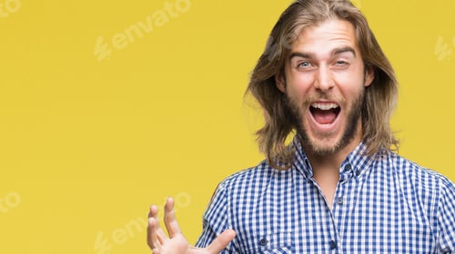 Preview: Young Handsome Man With Long Hair Over Isolated Background Celebrating Crazy And Amazed For Success