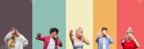 Preview: Collage Of Group Of Young People Over Colorful Vintage Isolated Background Covering Eyes With Hands
