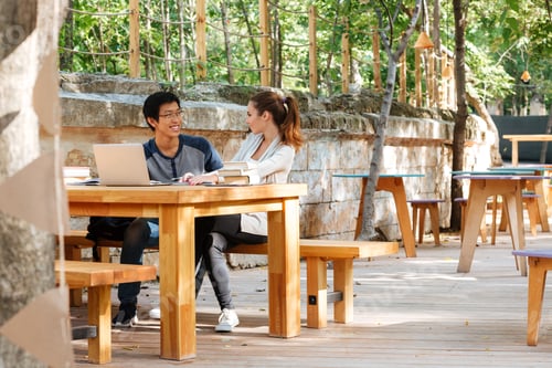 Preview: Cheerful Young Couple Of Students Usng Laptop In Cafe Together