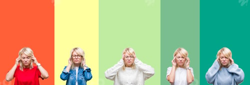 Preview: Collage Of Beautiful Blonde Woman Over Vivid Vintage Isolated Background With Hand On Head For Pain