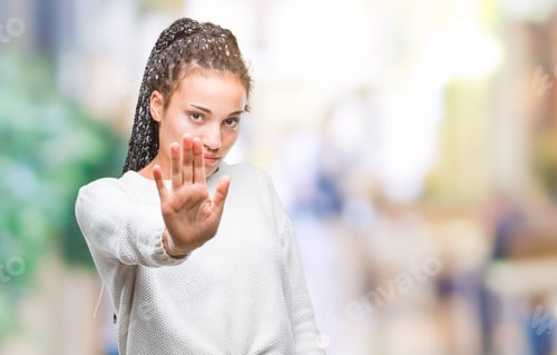 Preview: Young Braided Hair African American Girl Wearing Winter Sweater Over Isolated Background Doing Stop