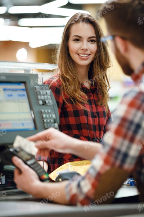 Preview: Image Of Cashier Man On Workspace In Supermarket Shop Create Payment With Credit Card. Focus On