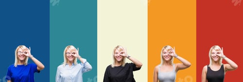 Preview: Collage Of Beautiful Blonde Woman Over Colorful Vintage Isolated Background Doing Ok Gesture With