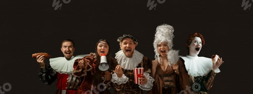 Preview: Cheering, Screaming, Eating. Medieval People As A Royalty Persons In Vintage Clothing On Dark