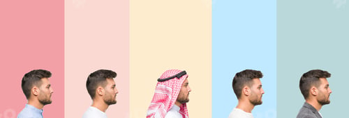 Preview: Collage Of Handsome Young Man Over Colorful Stripes Isolated Background Looking To Side, Relax