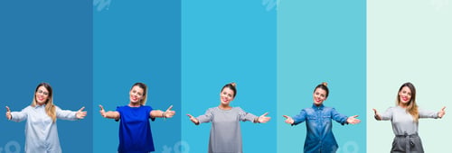 Preview: Collage Of Young Beautiful Woman Over Blue Stripes Isolated Background Looking At The Camera
