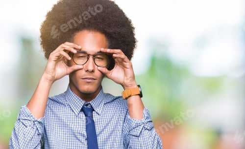 Preview: Young African American Business Man With Afro Hair Wearing Glasses Trying To Open Eyes With
