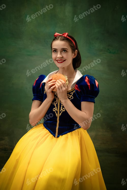 Preview: Young Ballet Dancer As A Snow White With Burger In Forest. Flexible Caucasian Ballerina Dances Like