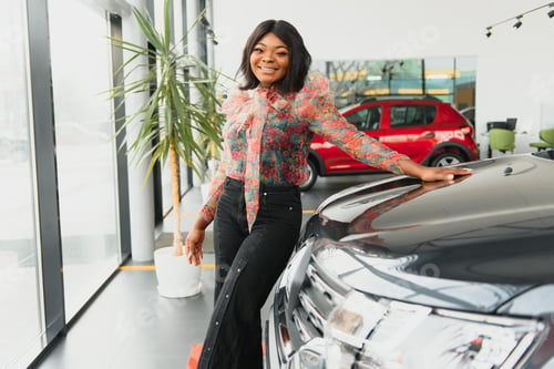Preview: Woman Buying The Car. Lady In A Car Salon. Elegant Black Girl