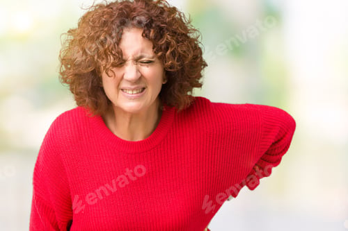Preview: Beautiful Middle Ager Senior Woman Red Winter Sweater Over Isolated Background Suffering Of