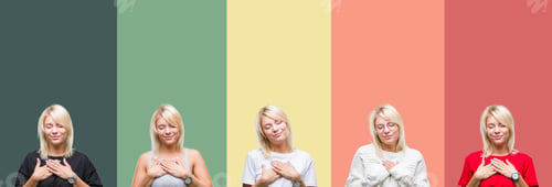 Preview: Collage Of Beautiful Blonde Woman Over Vintage Isolated Background Smiling With Hands On Chest With
