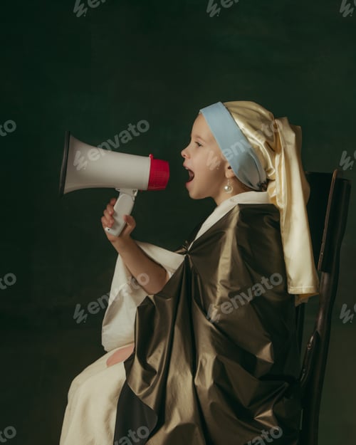 Preview: Shouting With Megaphone. Medieval Little Girl As Lady With A Pearl Earring On Dark Studio
