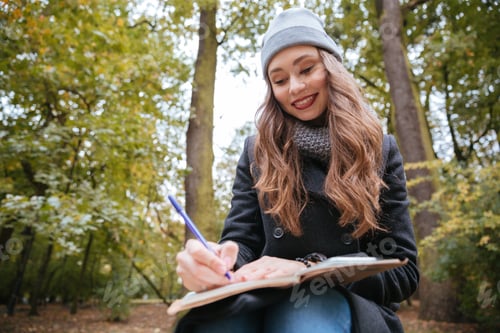Preview: Smiling Woman On Bench. In Warm Clothes. So Pretty Portrait