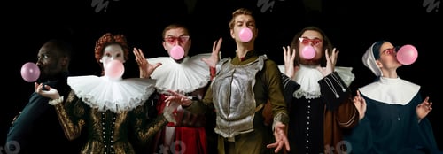 Preview: Young People As A Medieval Grandee On Dark Studio Background. Bubbling Up Of Pink Gum. Collage Of