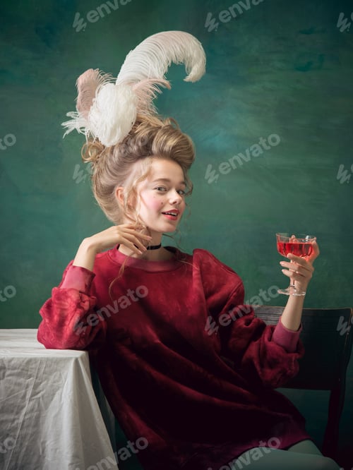 Preview: Young Woman As Marie Antoinette Isolated On Dark Green Background. Retro Style, Comparison Of Eras