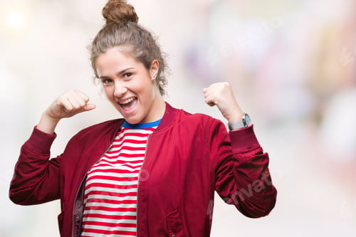 Preview: Beautiful Brunette Curly Hair Young Girl Wearing A Jacket Over Isolated Background Very Happy And