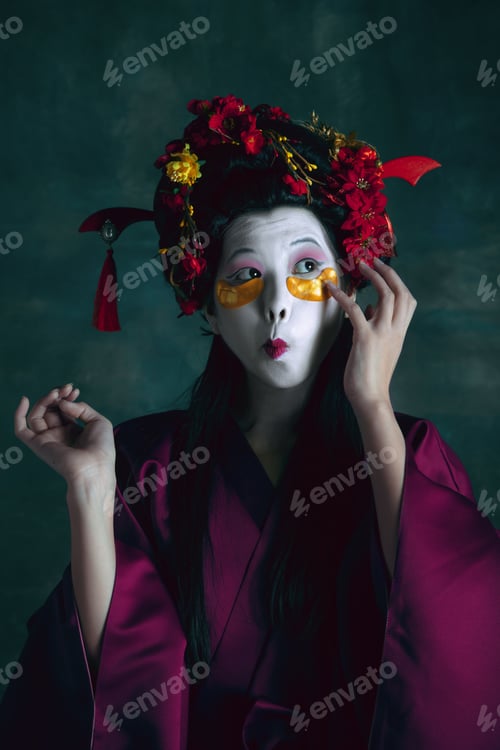 Preview: Trendy Eyewear. Young Japanese Woman As Geisha Isolated On Dark Green Background. Retro Style