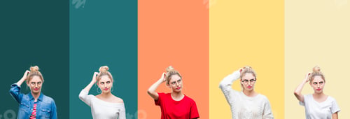 Preview: Collage Of Young Beautiful Blonde Woman Over Vivid Colorful Vintage Stripes Isolated Background