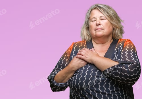 Preview: Senior Plus Size Caucasian Woman Over Isolated Background Smiling With Hands On Chest With Closed