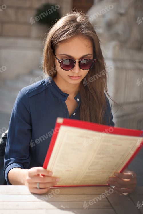 Preview: Portrait Of A Fashionable Stylish Young Woman At Outdoors Food Place.