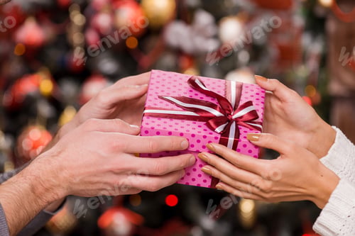 Preview: Christmas Present. Close-Up Of Couple Holding Christmas Gift Together With Christmas Tree In The