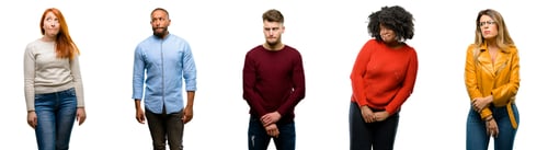 Preview: Group Of Cool People, Woman And Man Doubt Expression, Confuse And Wonder Concept, Uncertain Future