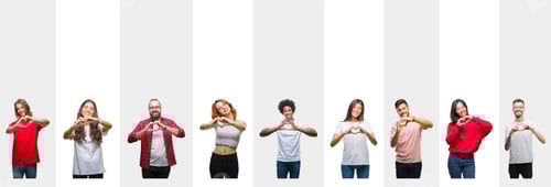 Preview: Collage Of Different Ethnics Young People Over White Stripes Isolated Background Smiling In Love