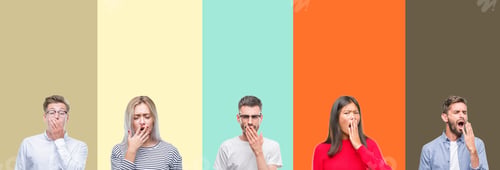 Preview: Collage Of Group Of Young People Over Colorful Isolated Background Bored Yawning Tired Covering