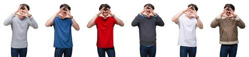 Preview: Collage Of Young Man Over White Isolated Background Doing Heart Shape With Hand And Fingers Smiling