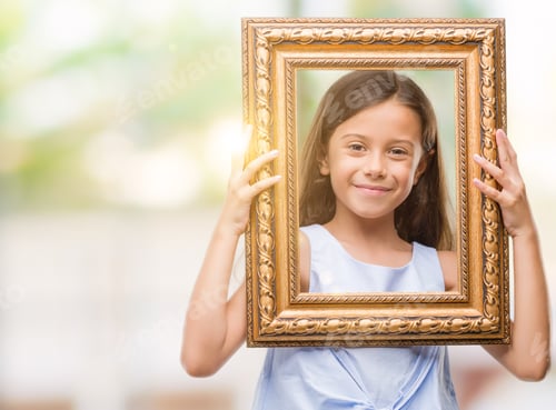 Preview: Brunette Hispanic Girl Holding Vintage Art Frame With A Happy Face Standing And Smiling With A