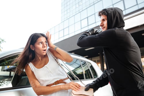 Preview: Dangerous Man Robber With Gun Attacking Scared Young Woman And Stealing Her Purse