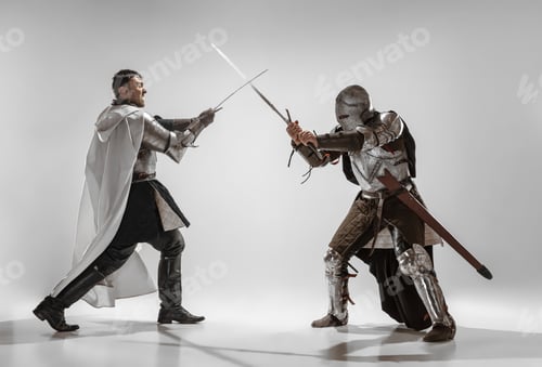 Preview: Brave Armored Knights With Professional Weapon Fighting Isolated On White Studio Background