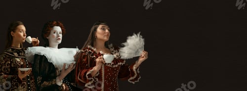 Preview: Coffee Break For Queens. Medieval People As A Royalty Persons In Vintage Clothing On Dark