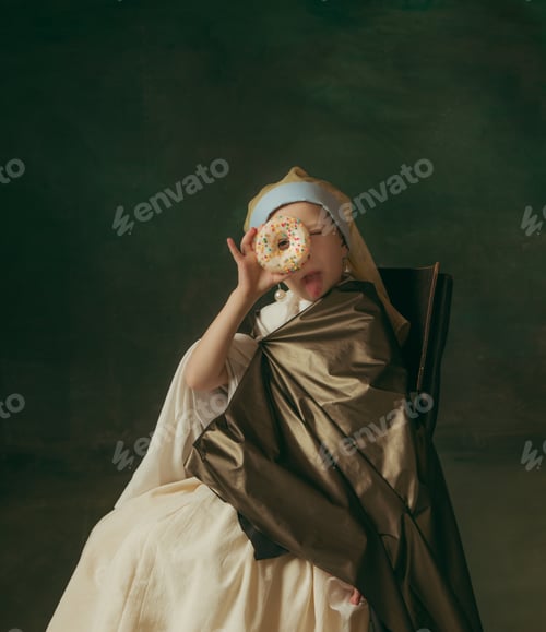 Preview: Tasty Donut. Medieval Little Girl As Lady With A Pearl Earring On Dark Studio Background. Concept