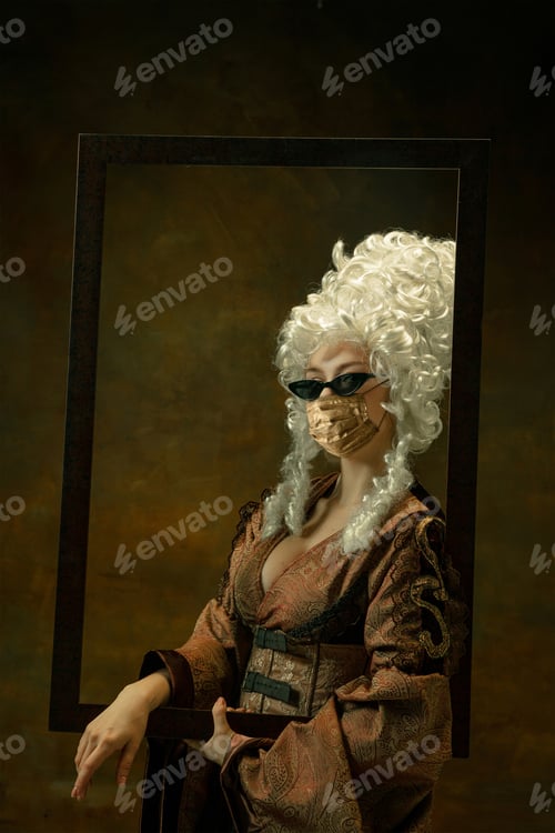 Preview: Portrait Of Medieval Young Woman In Vintage Clothes, Golden Face Mask With Picture Frame On Dark
